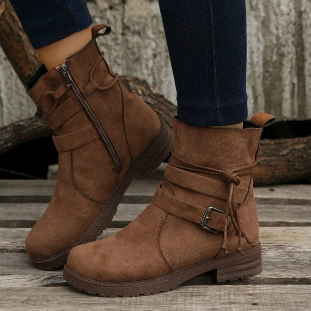 New Buckle Decor Tie Side Faux Suede Combat Boots